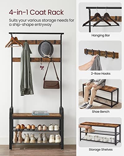 VASAGLE Coat Rack, Hall Tree with Shoe Bench, 4-in-1, 9 Removable Hooks