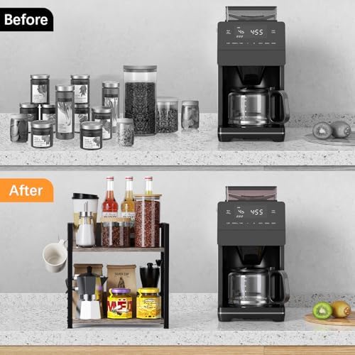RUILALIFE Spice-Rack-Organizer-Shelf for Kitchen Counter, 2 Tiers Coffee Bar Station Organizer for Countertop，Space Saving Desk Shelving Riser Unit (Grey, Medium)