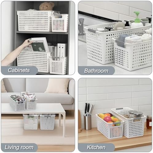 Soddeph Slim Plastic Storage Basket with Handles, Narrow Organizer box for Shelves, Organizer box for Organizing, Kitchen,Home,Office (White, Medium)