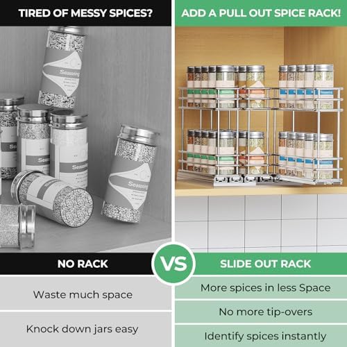 Mystozer Pull Out Spice Rack Organizer for Cabinet, Slide Out Spice Racks, Easy to Install Spice Cabinet Organizers, 7.4" Wx10.43 Dx8.26 H, 3 Drawers 2 Tiers(Silver)