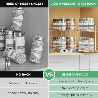 Mystozer Pull Out Spice Rack Organizer for Cabinet, Slide Out Spice Racks, Easy to Install Spice Cabinet Organizers, 7.4" Wx10.43 Dx8.26 H, 3 Drawers 2 Tiers(Silver)