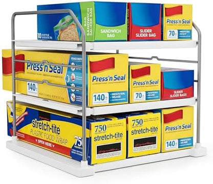 EVERIE Extendable 3-Tier Kitchen Cabinet & Pantry Organizer for Plastic Wrap, Foil & Storage Bags, Adjustable Heavy Duty Shelf Rack for Wrap Boxes, Jars & Snack Boxes (11–16.7 in Wide), Pack of 2