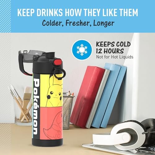 THERMOS FUNTAINER 16 Ounce Stainless Steel Vacuum Insulated Bottle with Wide Spout Lid,Pokemon,(Pack of 6)