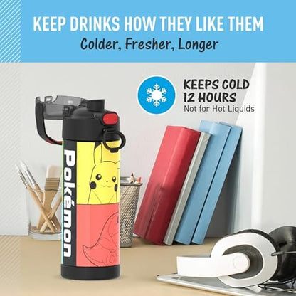 THERMOS FUNTAINER 16 Ounce Stainless Steel Vacuum Insulated Bottle with Wide Spout Lid,Pokemon,(Pack of 6)