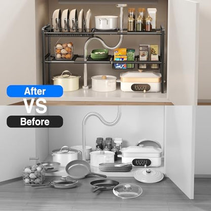 Mustorn Pots and Pans Organizer Under Cabinet, Expandable 2 Tier Under Sink Organizers Storage Adjustable Height Kitchen Pot and Pan Lid Holder Rack with 6 Dividers(4panels,2baskets,1 Pot rack,Black)