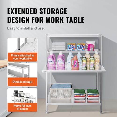 VEVOR Double Shelf Stainless Steel Two Tier Shelf 30.5 x 122 x 60 cm Height Adjustable Height Prep and Work Table Accessory for Kitchen Restaurant Workshop
