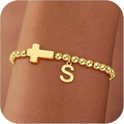 Gold Initial Bracelets for Women Girls - 18K Gold Plated Cross Initial Bracelet Dainty Beaded Bracelet Gold Bracelets for Women Teen Girl Gifts