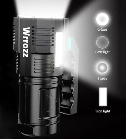 LED Flashlight USB Rechargeable, High Lumens Tactical Light with Sidelight, 4X LED, Zoomable, Handheld Super Brightest Flashlights, Portable Torch for Outdoor Camping Home Emergency Lantern