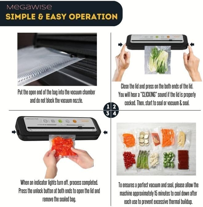 MEGAWISE Vacuum Sealer Machine for Food Storage with Sealer Bags | Automatic Food Sealer for Sous Vide | Compact Design with Built-in Cutter | Works with All Food Types | Easy to Clean (Grey)