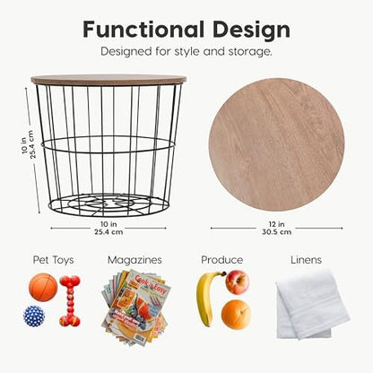 IRIS USA Round Wire Basket with Wooden Lid, 2 Pack