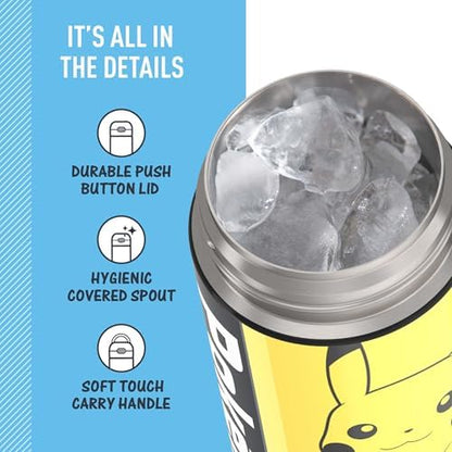 THERMOS FUNTAINER 16 Ounce Stainless Steel Vacuum Insulated Bottle with Wide Spout Lid,Pokemon,(Pack of 6)