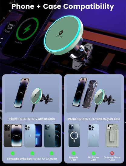 MOKPR for Magnetic Car Mount Charger-15W Wireless Car Charger-Magnetic Car Phone Holder for Dash Air Vent-LED RGB HandsFree Car Mount Fast Car Charger for iPhone 14/13/12 Series,Green