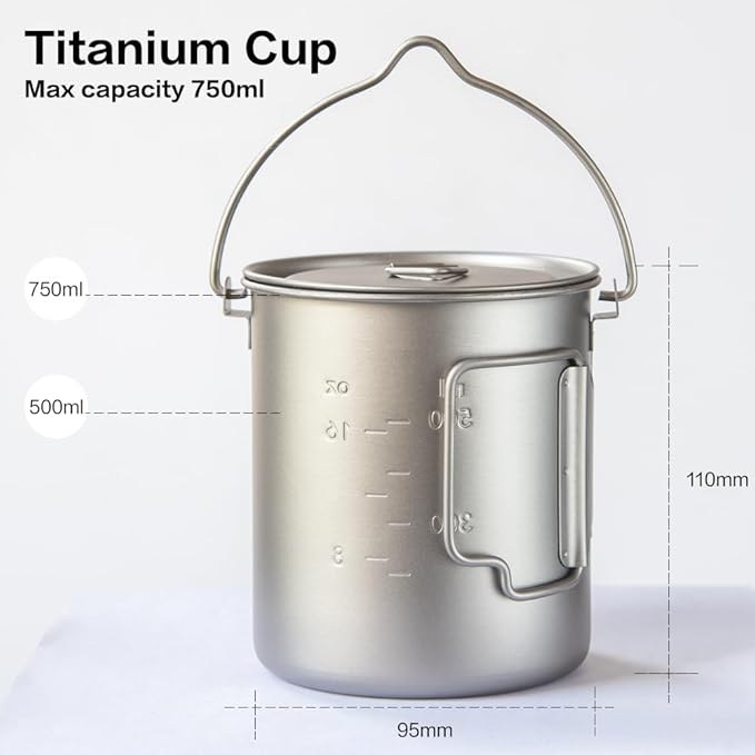 750ml/26oz Titanium Camping Pot with Lid and Foldable Handle, Ultralight Camping Mug for Hiking, Backpacking, Outdoor Cooking, and Travel