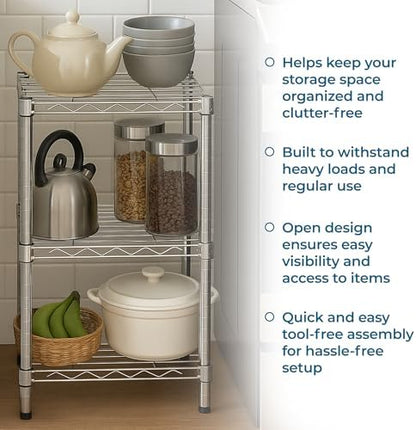 Honey-Can-Do 3-Tier Stackable Chrome Wire Shelf, 200 lb/Shelf, 15x14x30 in