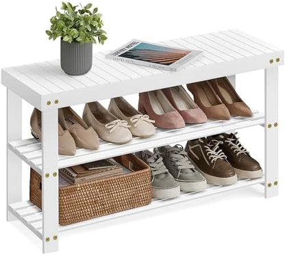 SONGMICS Shoe Rack Bench, 3-Tier Bamboo Entryway Bench, 35.2 Inches Width