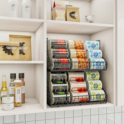 JKsmart 2 Pack Stackable Can Rack Organizer for Pantry Storage,Can Dispensers with 4 Adjustable Dividers, 2-Tier Metal Wire Basket Beverage Pop Soda Rack for Kitchen Cabinet Pantry, Black