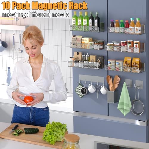 Magnetic Spice Rack for Refrigerator, 10 Pack 100% Metal Strong Magnet Shelf, Moveable Spice Organizer W/ Adjustable Paper Towel Holder, Hook Rack & Utensil Caddy, Home Kitchen Laundry Storage, Grey