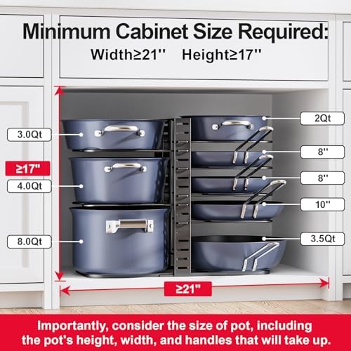 ORDORA Pots and Pans Organizer Under Cabinet 14.6", 8-Tier Adjustable Rack