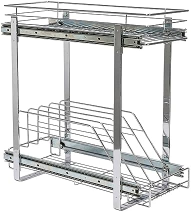 Household Essentials Glidez Multipurpose Chrome-Plated Steel Pull-Out/Slide-Out Dual-Sliding Storage Organizer for Cookware and Bakeware - 2-Tier Design - Fits Standard Size Cabinet or Shelf, Chrome