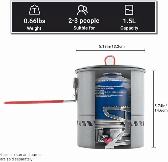 Bulin Camping Pot, 1.5L High Efficiency Backpacking Pot Ultralight Camping Cooking Set Cookware Gear with Heat-Proof Handle & Heat Exchanger for Outdoor Picnic Hiking Travel