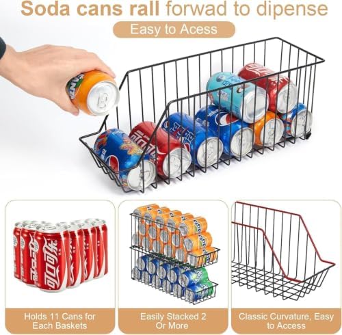 6 Pack Can Storage Organizer for Pantry, Stackble Lengthen Can Holder Rack，Max Can Dispensers & Canned Goods Organizer Baskets For Various Soup Soda Canned Food Drinks, Hold More 66 Cans, Black