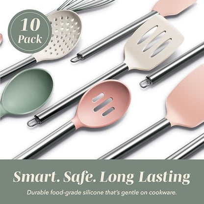 COOK WITH COLOR Silicone Cooking Utensils, Kitchen Utensil Set, Easy to Clean Silicone Kitchen Utensils, Cooking Utensils for Nonstick Cookware, Kitchen Gadgets Set, 10 Pieces, Mint