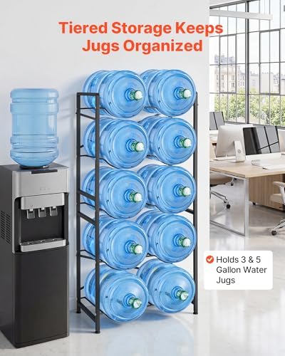VEVOR 5 Gallon Water Jug Holder for 10 Bottles, 5-Tier Double Rows 3 or 5 Gallon Water Bottle Holder with Handle, Heavy Duty Jug Rack Organizer, Easy Assembly, for Kitchen, Office, Restaurant, Black