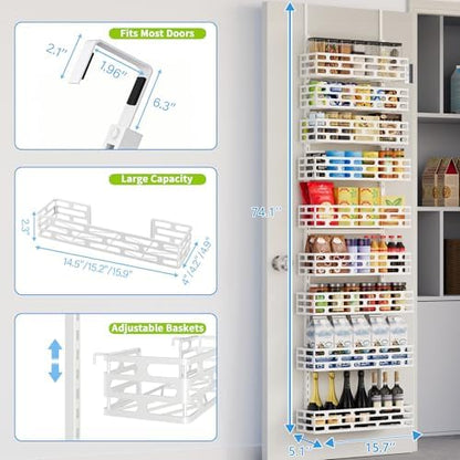 9-Tier Over Door Pantry Rack, Heavy Duty Metal Hanging Storage Organizer for Kitchen, White