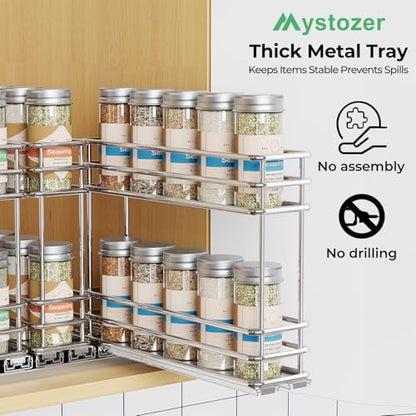 Mystozer Pull Out Spice Rack Organizer for Cabinet, Slide Out Spice Racks, Easy to Install Spice Cabinet Organizers, 7.4" Wx10.43 Dx8.26 H, 3 Drawers 2 Tiers(Silver)