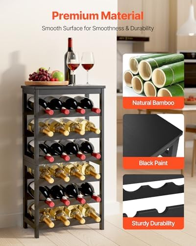 VEVOR 24 Bottle Detachable Wine Rack, 6-Tier Wine Bottle Holder,Solid Bamboo Wood Freestanding Floor Display Wine Storage Shelves with Table Top, for Kitchen,Cellar,Bar,Dining Room,Living Room(Black)