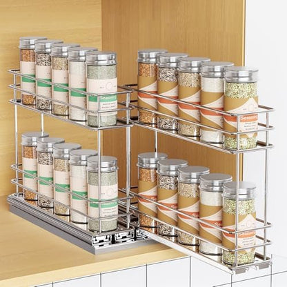 Mystozer Pull Out Spice Rack Organizer for Cabinet, Slide Out Spice Racks, Easy to Install Spice Cabinet Organizers, 5.28" Wx10.43 Dx8.26 H, 2 Drawers 2 Tiers(Silver)