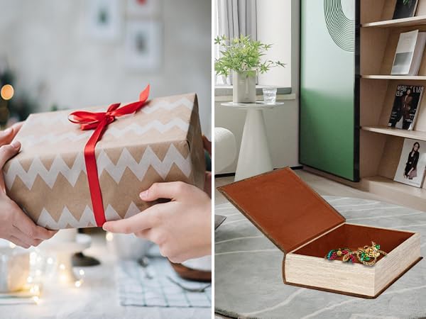 Decorative Book Box Fake Leather Embossed Cover Vintage Style Brown Storage Box - Large 1-06, Decoration for Coffee Table, Bookshelves, Jewelry, Postcard, Photo Storage, Graduation Gift