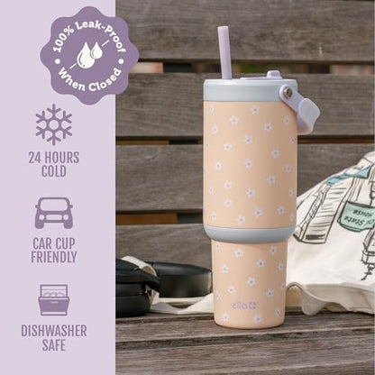 Ello Oasis Go+ 32oz Insulated Stainless Steel Tumbler with Straw, Daisies