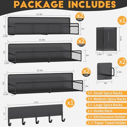 Magnetic Spice Rack for Refrigerator, 10 Pack 100% Metal Strong Magnet Shelf, Moveable Spice Organizer W/ Adjustable Paper Towel Holder, Hook Rack & Utensil Caddy, Home Kitchen Laundry Storage, Black