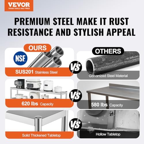 VEVOR Double Shelf Stainless Steel Two Tier Shelf 30.5 x 122 x 60 cm Height Adjustable Height Prep and Work Table Accessory for Kitchen Restaurant Workshop