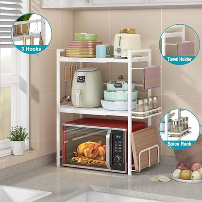 Expandable Microwave Stand Kitchen Countertop Organizer With Storage, White
