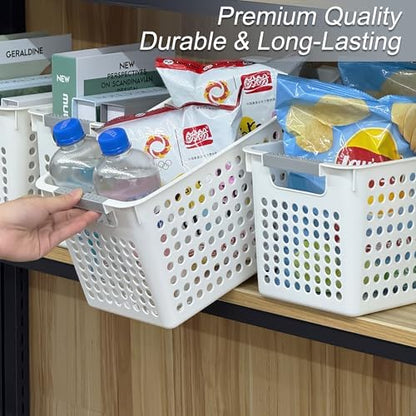 Soddeph Slim Plastic Storage Basket with Handles, Narrow Organizer box for Shelves, Organizer box for Organizing, Kitchen,Home,Office (White, Medium)