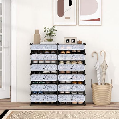 COSTWAY Shoe Rack Organizer, 6 Tier Shoe Shelves with Covers, DIY Design, 24-Pair Stackable Cube Organizer Boxes, Freestanding Shoe Cabinet for Entryway Bedroom Closet Hallway (Black)