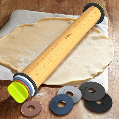 Rolling Pin with Adjustable Thickness Ring and Silicone Baking Mat