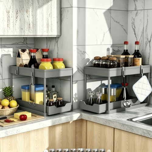 DEKAVA 2 Pack Under Sink Organizer, 2-Tier Sliding Cabinet Basket, Grey