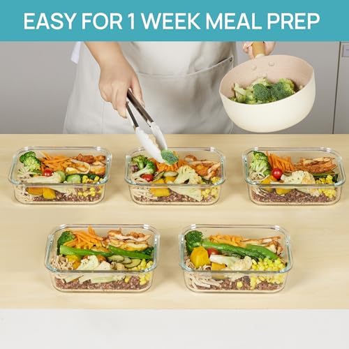 Vtopmart 5 Pack 35oz Glass Food Storage Containers with Lids, Blue