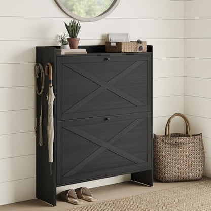 VASAGLE Narrow Shoe Storage Cabinet Organizer with 2 Flip Drawers