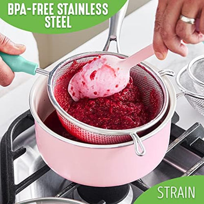 GreenLife Cooking Tools and Utensils, 4 Piece Extra Fine Stainless Steel Mesh Strainer Kitchen Set, Stay Cool Handles, Dishwasher Safe, BPA-Free, Grey