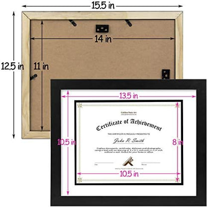 Golden State Art 11x14 Diploma Frame for 8.5x11 Document,Solid Wood/Glass | Fit For 11X14 Document & Certificates Without Mat,Double Mat(White With Black) ,Black ,2 Pack