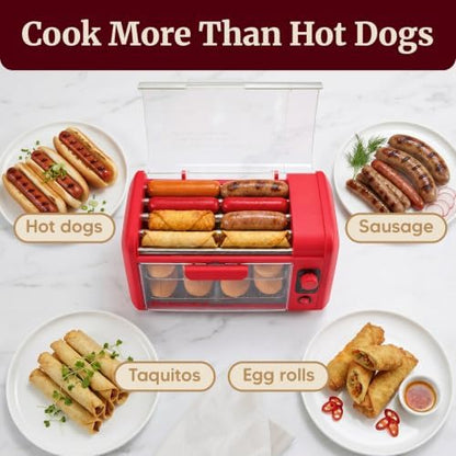Elite Gourmet 8-Hot Dog Roller/Toaster Oven, 5 Rollers, Auto Shut-Off, Red