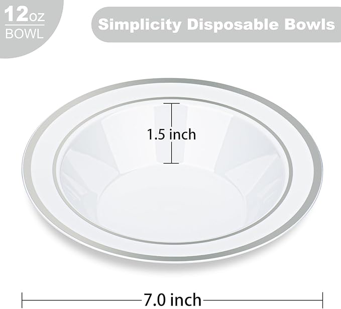 BESTVIP 50 Pack Plastic Bowls with Silver Rim, 12 oz Disposable Soup Bowls, Heavy-duty Dessert Salad Bowl for Party, Wedding, Christmas, Thanksgiving Catering and Dinner
