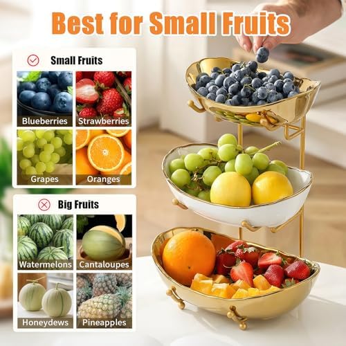 3 Tier Fruit Basket, Ceramic Fruit Bowl for Kitchen Counter