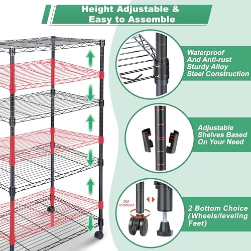 Whitmor 4 Tier Shelving Unit, Adjustable Storage Shelves with Wheels, Wire Shelving, 200 lbs Capacity per Shelf, Max 800 lbs Total for Laundry, Kitchen, Garage, 24" L x 14" W x 47" H, Black