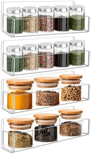 Acrylic Spice Rack Wall Mount-9 Inch, Clear Spice Shelf Storage Holder, 4 Pack Hanging Seasoning Rack Organizer for Cabinet Door, Cupboard or Wall Kitchen (Adhesive or Screw)