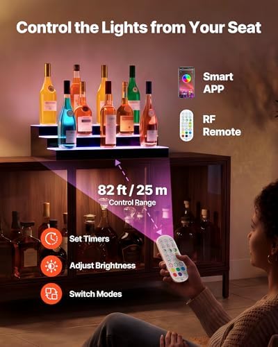VEVOR LED Lighted Liquor Bottle Display, 3 Tiers 24 Inches, Supports USB, Illuminated Home Bar Shelf with RF Remote & App Control 7 Static Colors 1-4 H Timing, Acrylic Lighted Shelf for 18 Bottles
